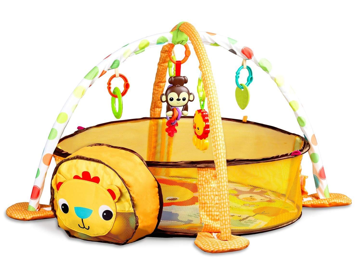 Farverig babymåtte med legetøj og bolde