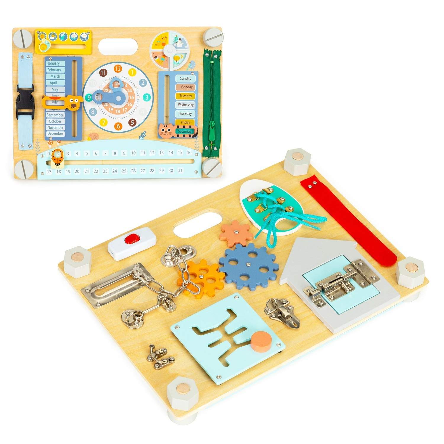 Dobbeltsidet træplade til børn med interaktive spil