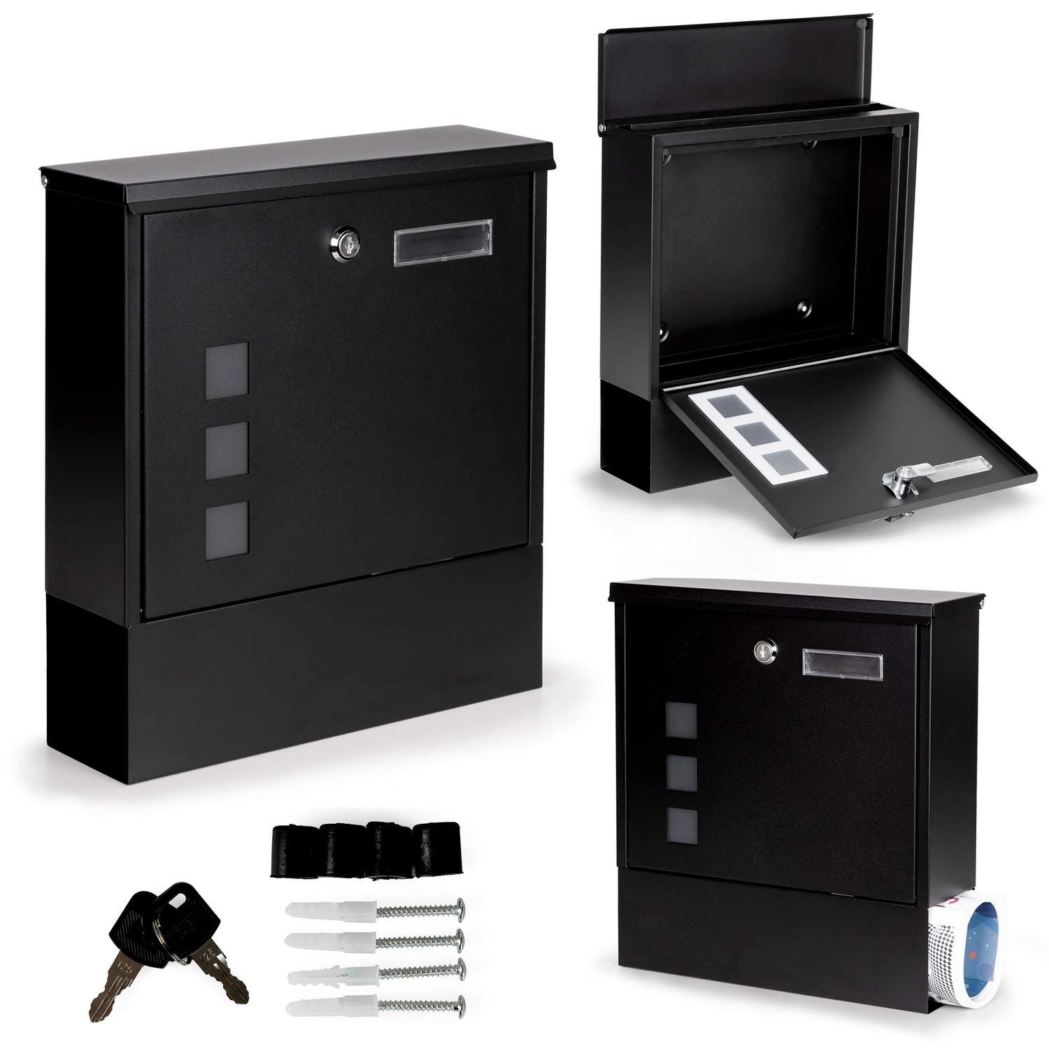 Sort postkasse i stål med avisholder og nøgler