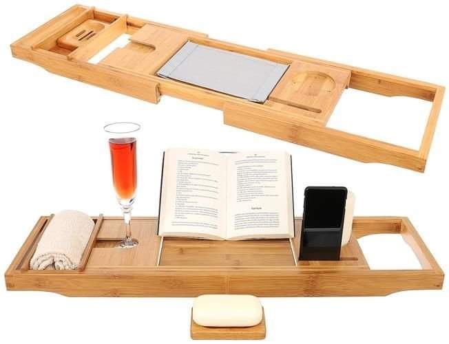 Udtrækkelig bambus badehylde med multifunktioner