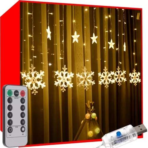Varmt hvidt LED lysgardin Snowflakes & Stars 138 LED