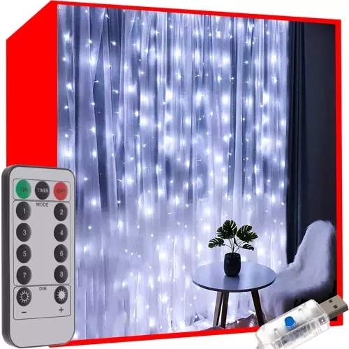 Vinduesbelysning Gardin 300 LED Cool hvid USB Fjernbetjening