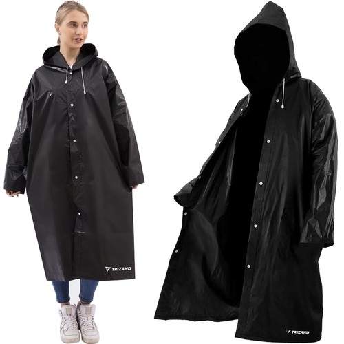 Lang unisex sort regnjakke med hætte