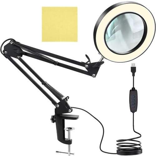 Justerbar LED-lampe med forstørrelsesglas, USB, Sort