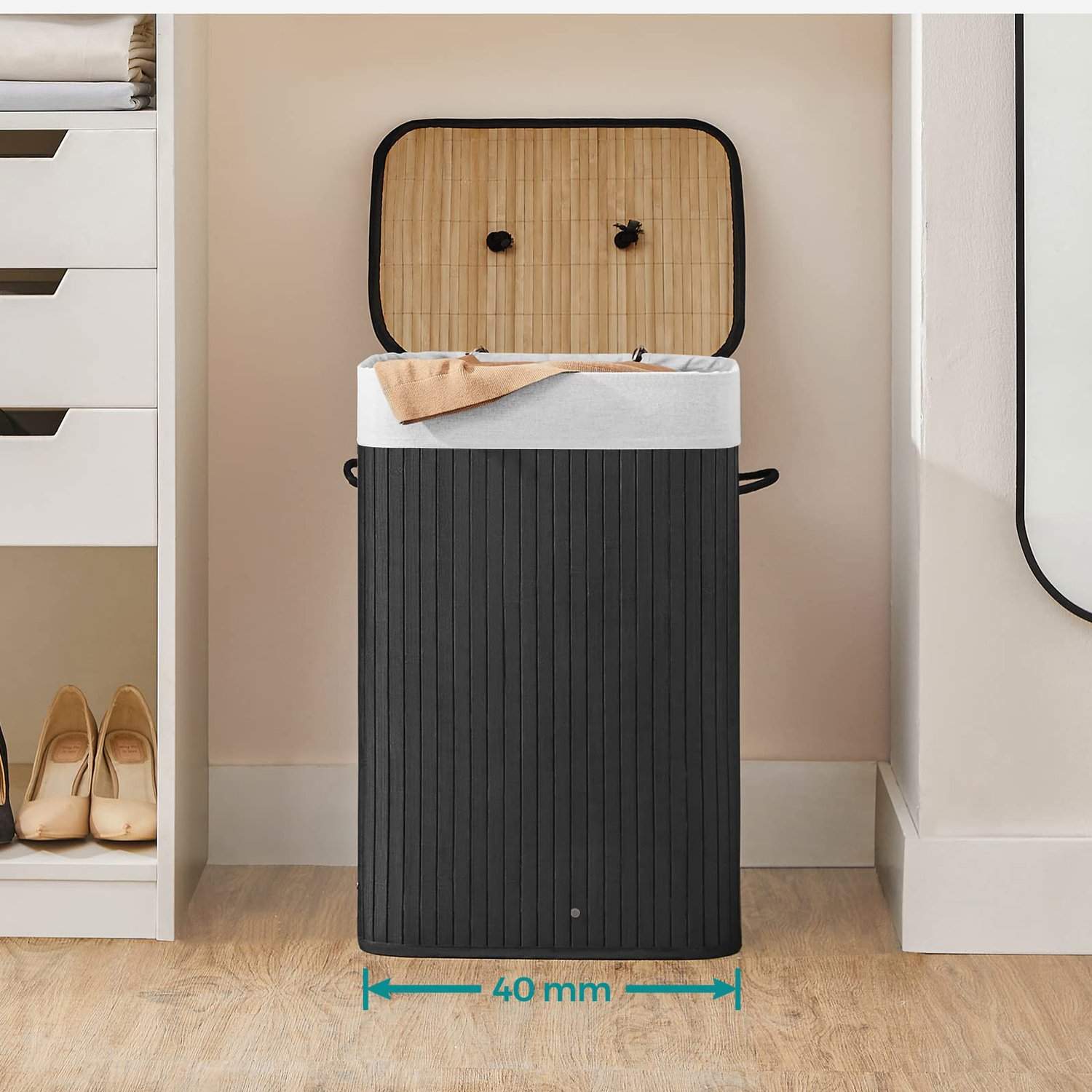 Sammenklappelig vasketøjskurv i sort bambus - 72L