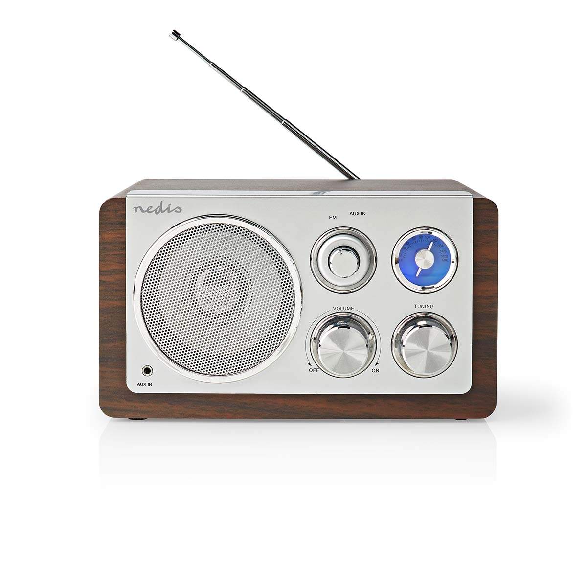 FM-radio med borddesign og strømadapter, brun
