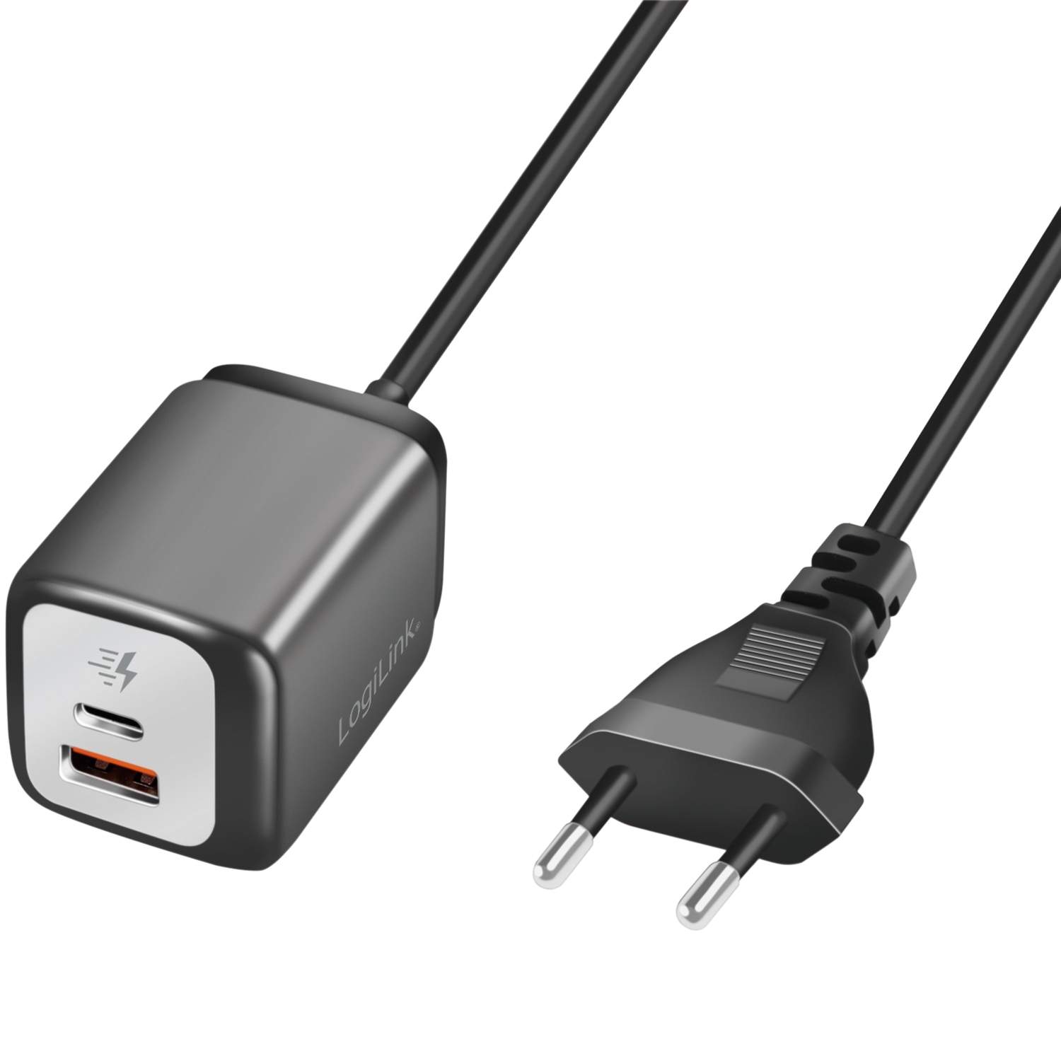 USB-laturi 1xUSB-A + 1xUSB-C kiinteällä kaapelilla 1,5m GaN 30W