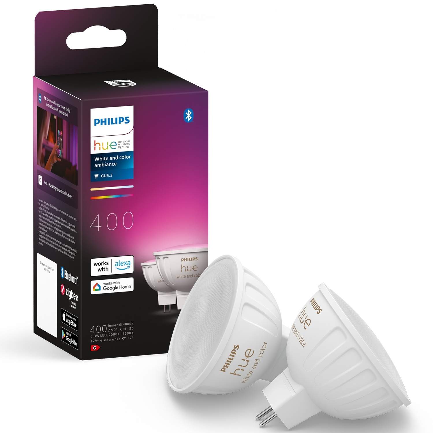 Hue White Color Ambiance GU5.3 MR16 12V 400lm 2-pak billede