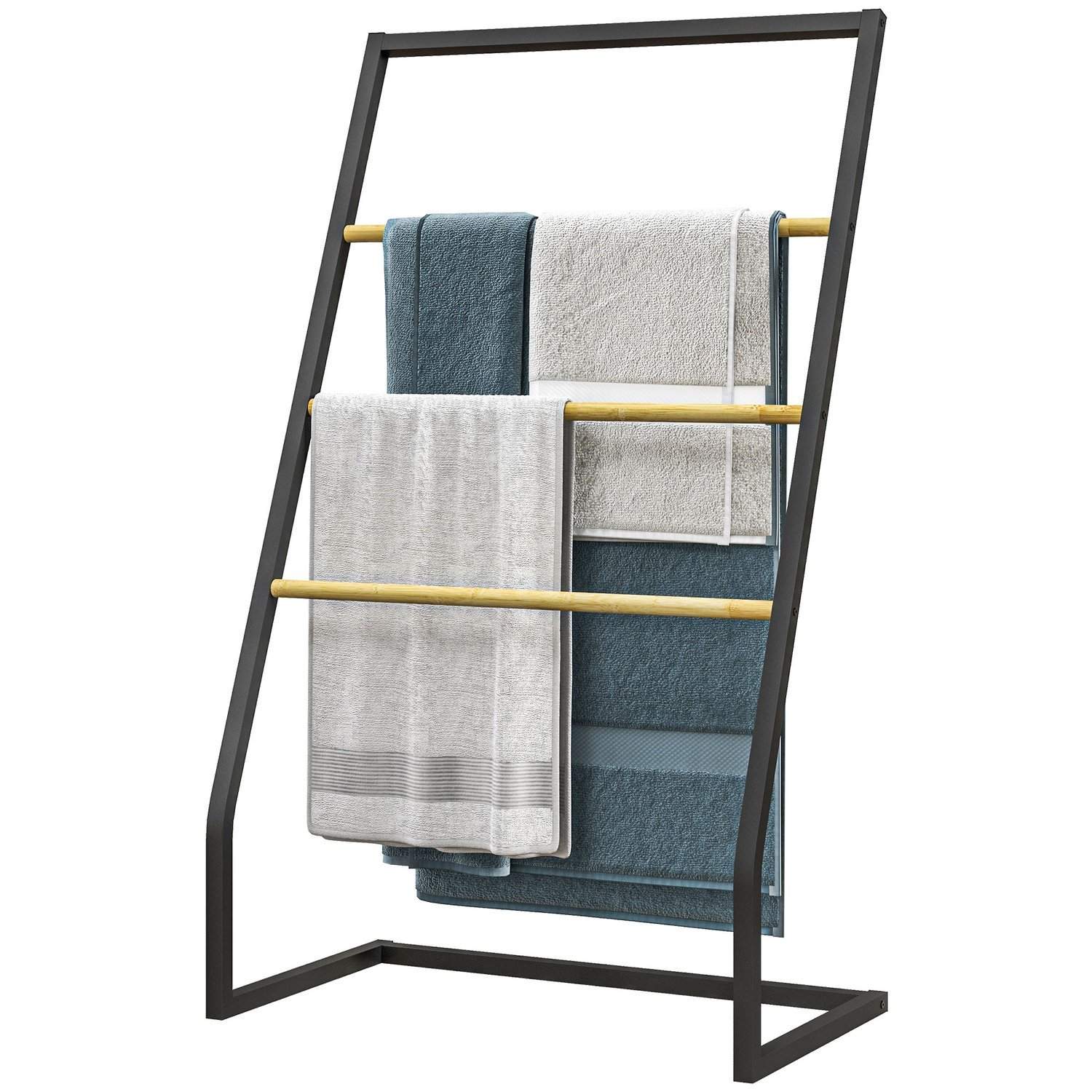 Fritstående sort håndklædeholder i stål til badeværelse
