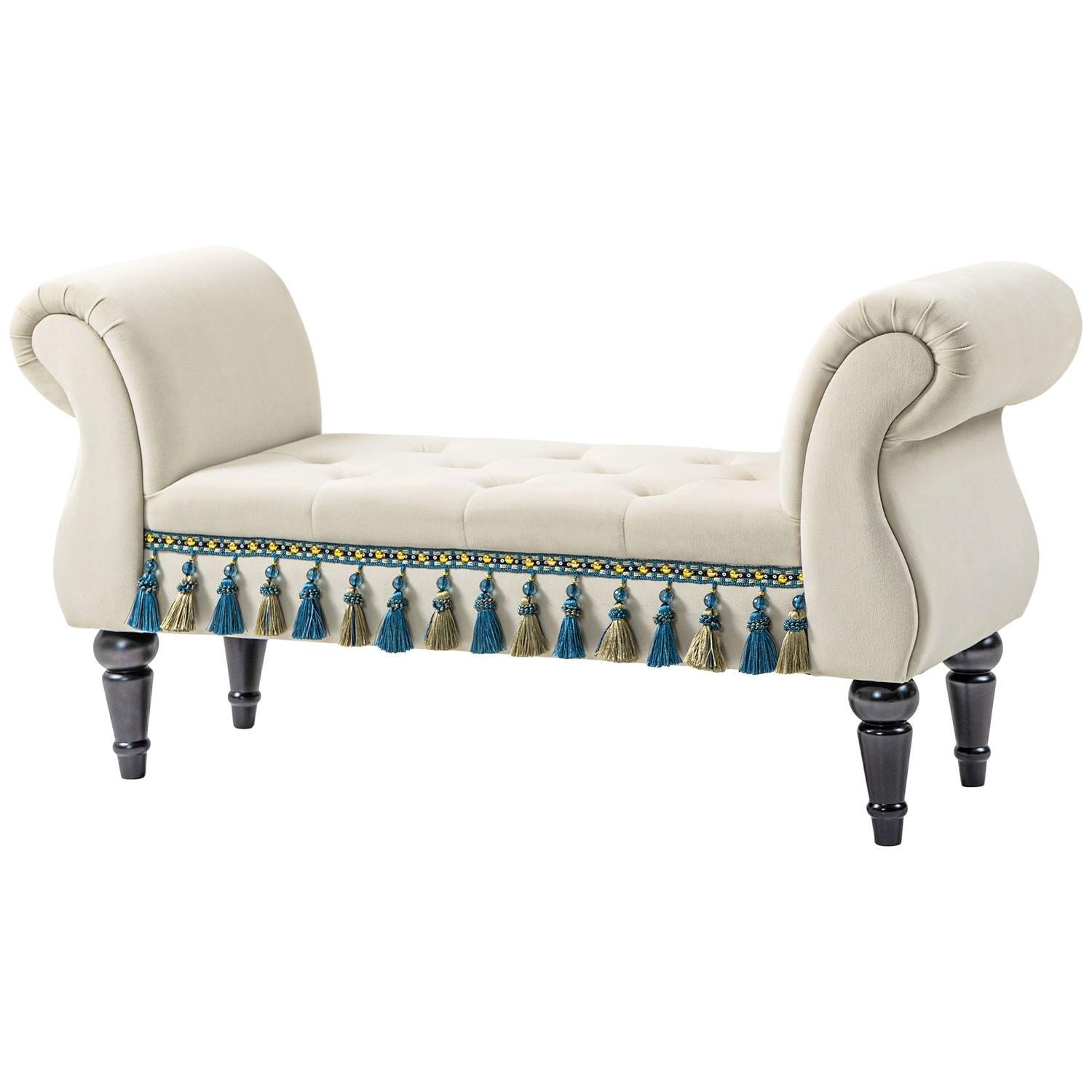 Vintage polstret bænk med opbevaring, beige fløjl