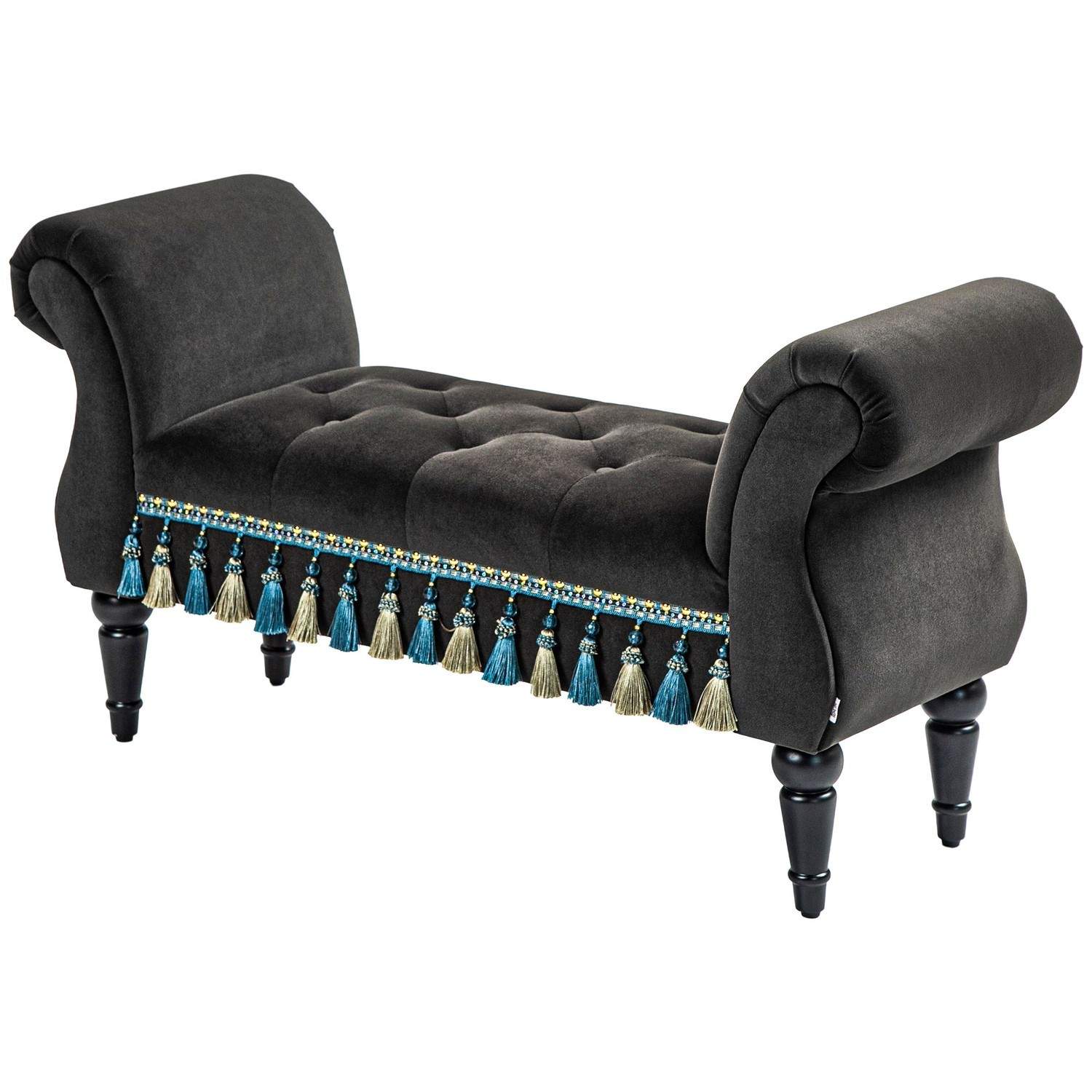 Mørkegrå vintage bænk med opbevaring og armlæn