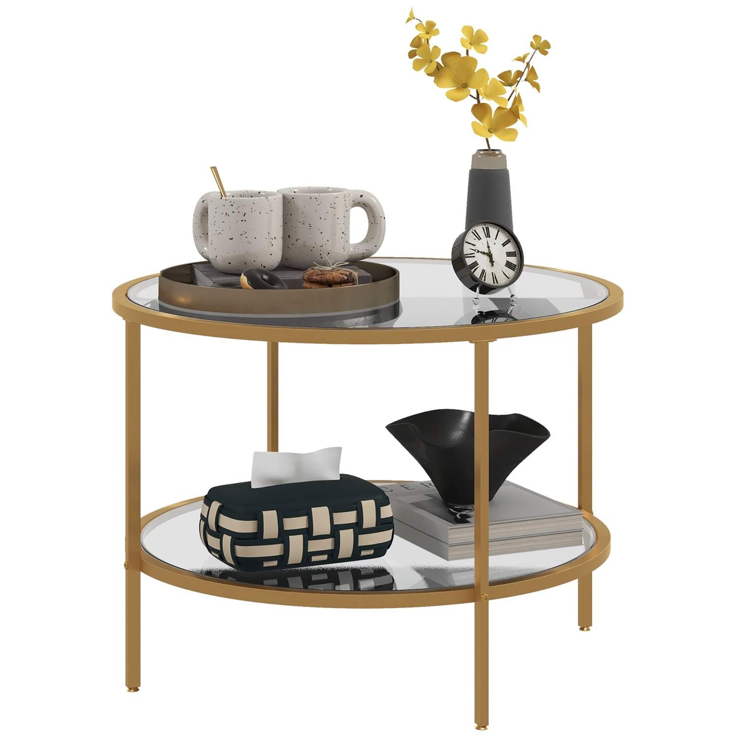 Guld sidebord med hylde, Ø60 x 43 cm