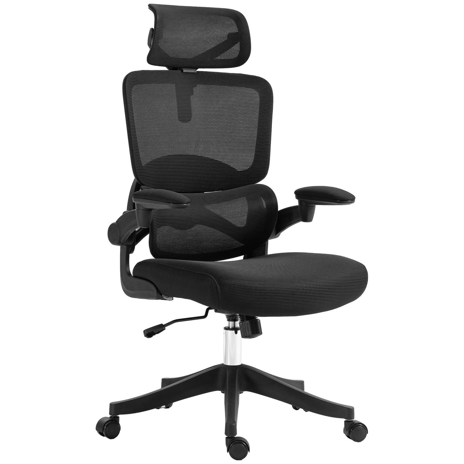 Sort kontorstol med mesh og foldbare armlæn