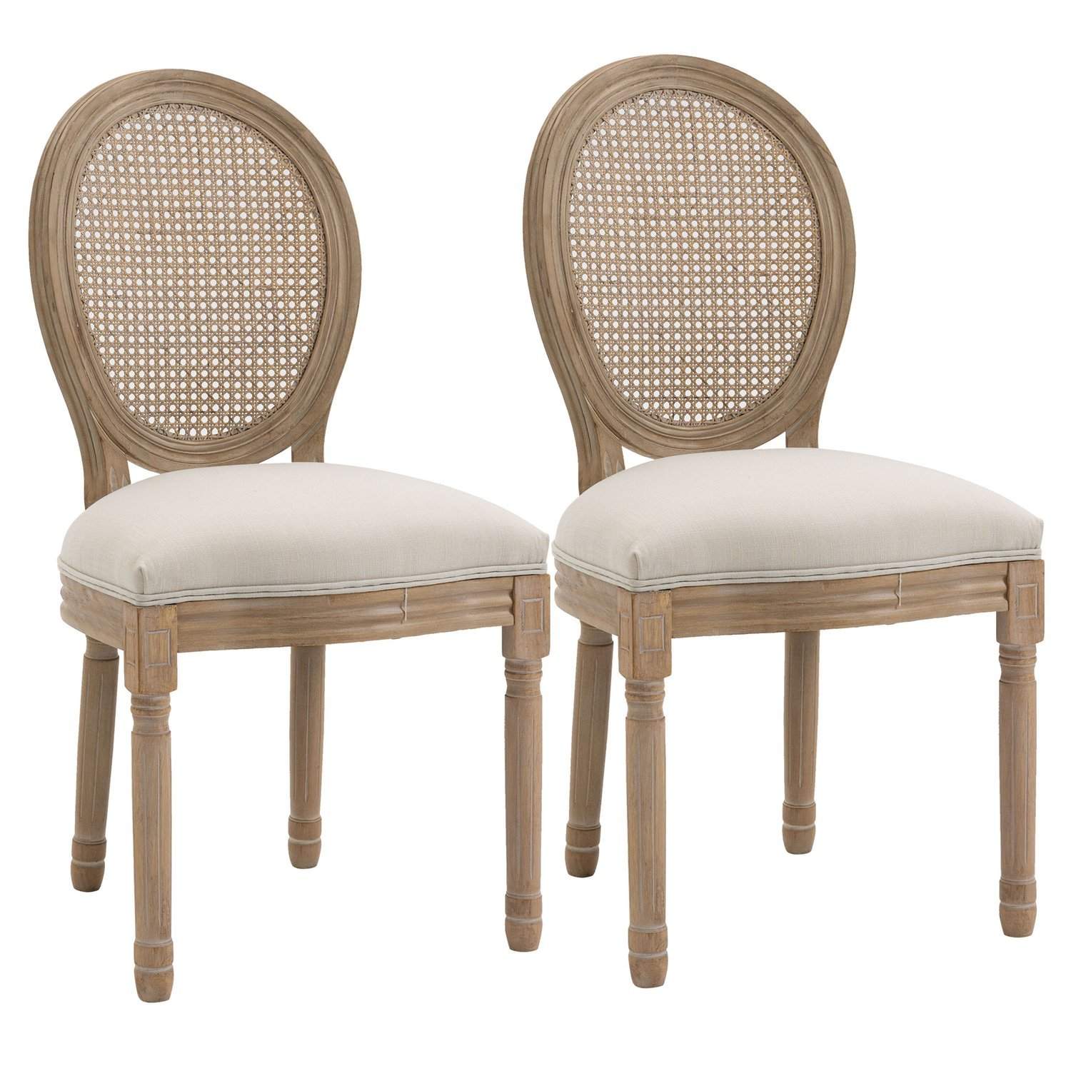 Vintage spisestuestole i hørlook, rattan ryg, hvid