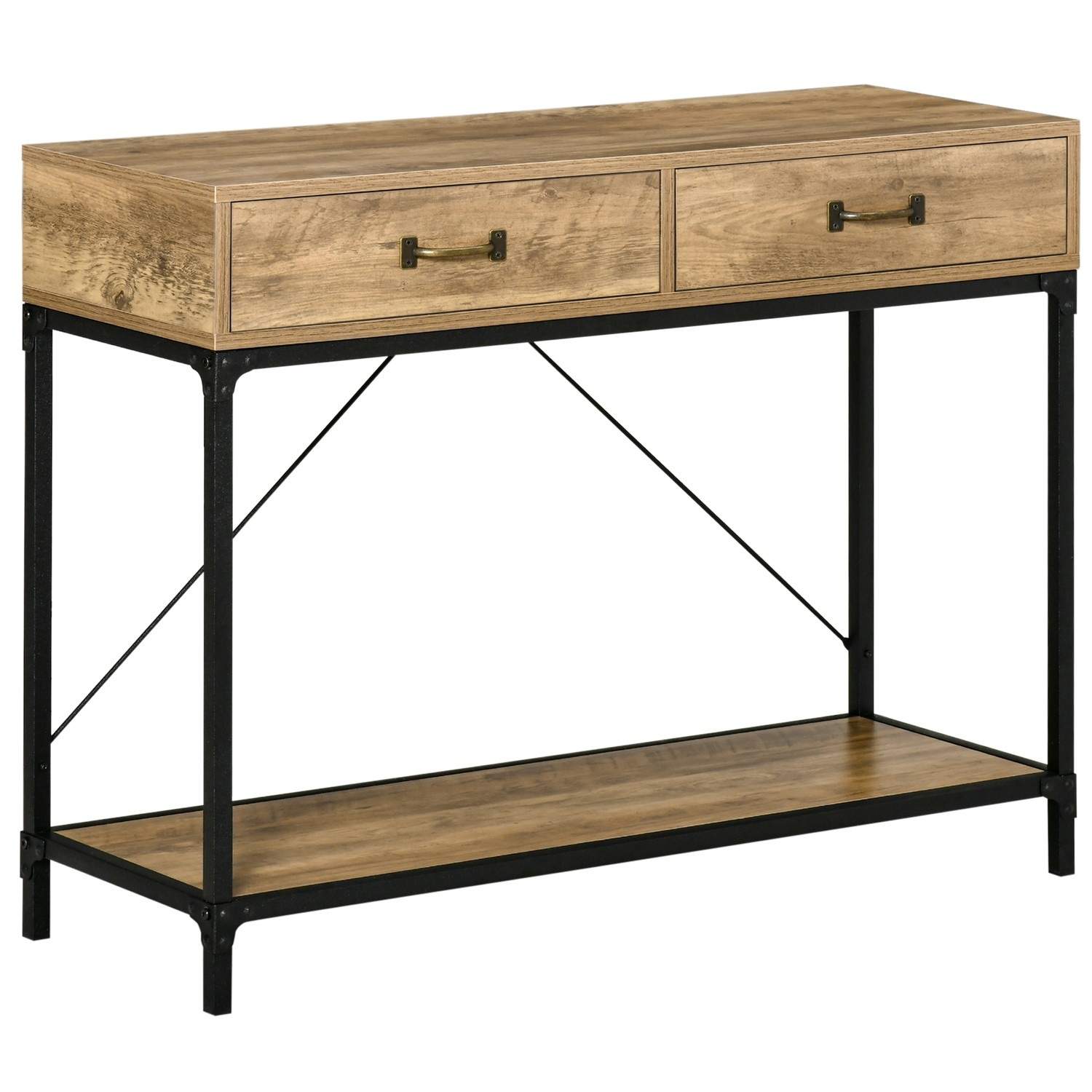 Vintage sidebord med skuffer og hylde, brun/sort