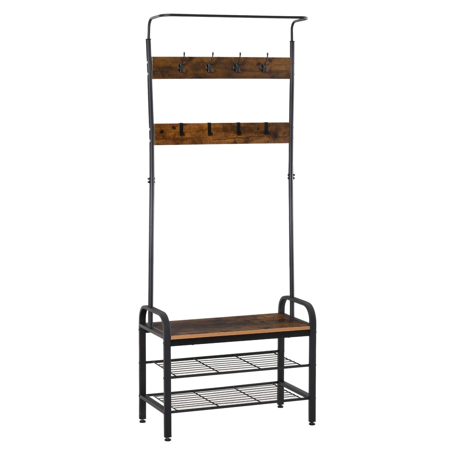 Knagerække med skohylde, tøjstativ, 8 kroge, 2 hylder, MDF, sort, 72 x 34 x 185 cm