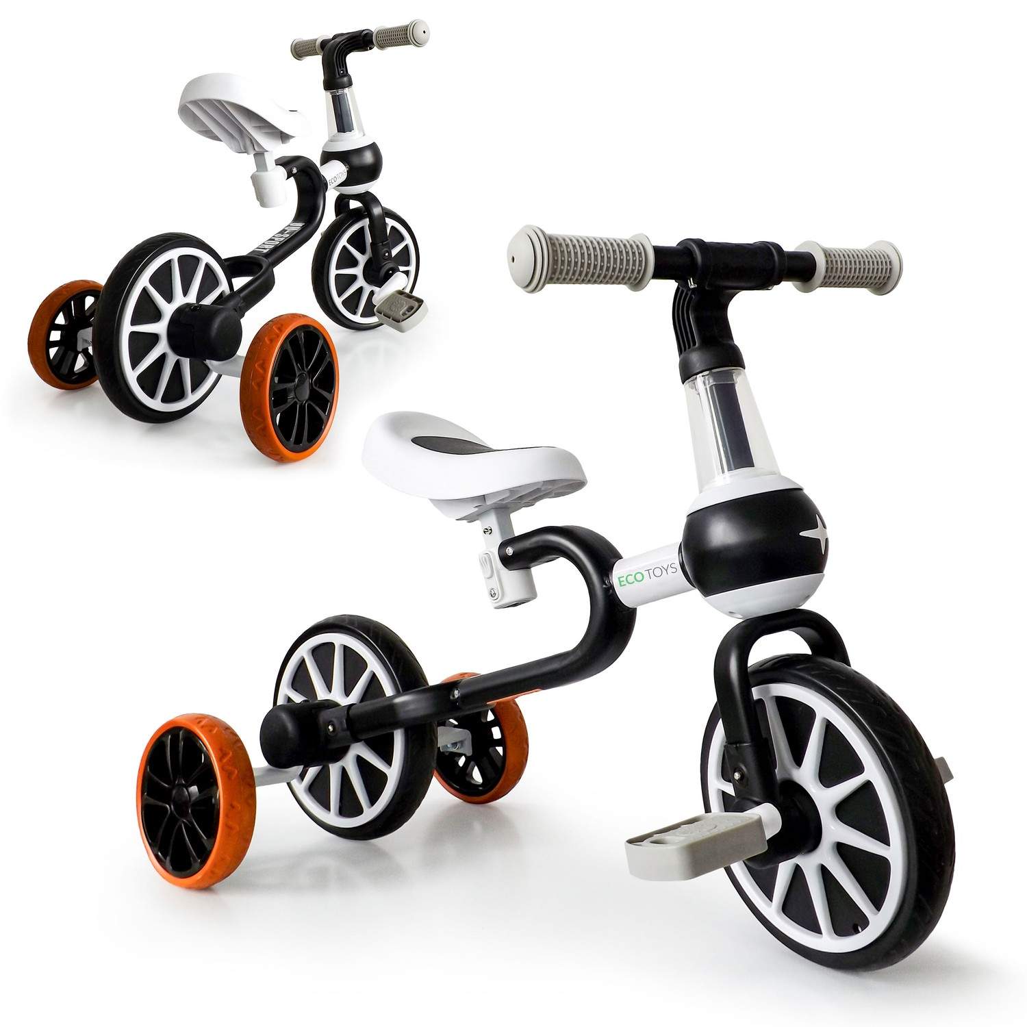 Balancecykel 4-i-1 med pedaler og sidehjul, sort