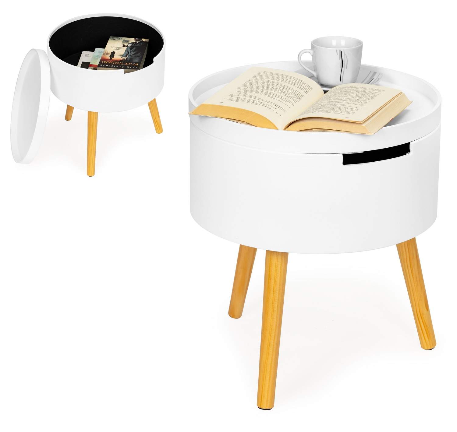 Rundt sofabord med opbevaring og natbord