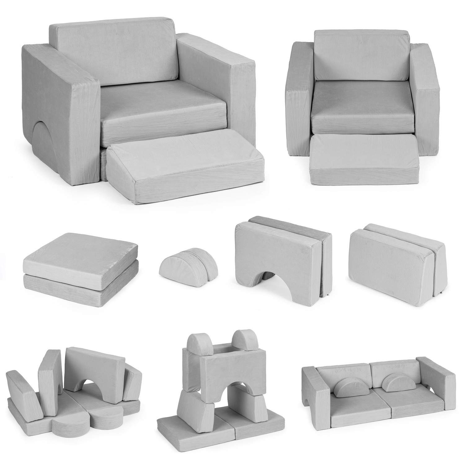 Modulær børnelænestol, 8 hynder, foldbar grå