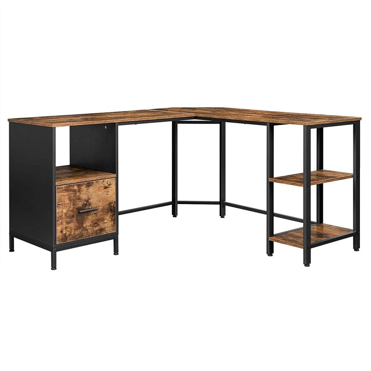Brunt stål hjørne computerbord med skuffe og hylder