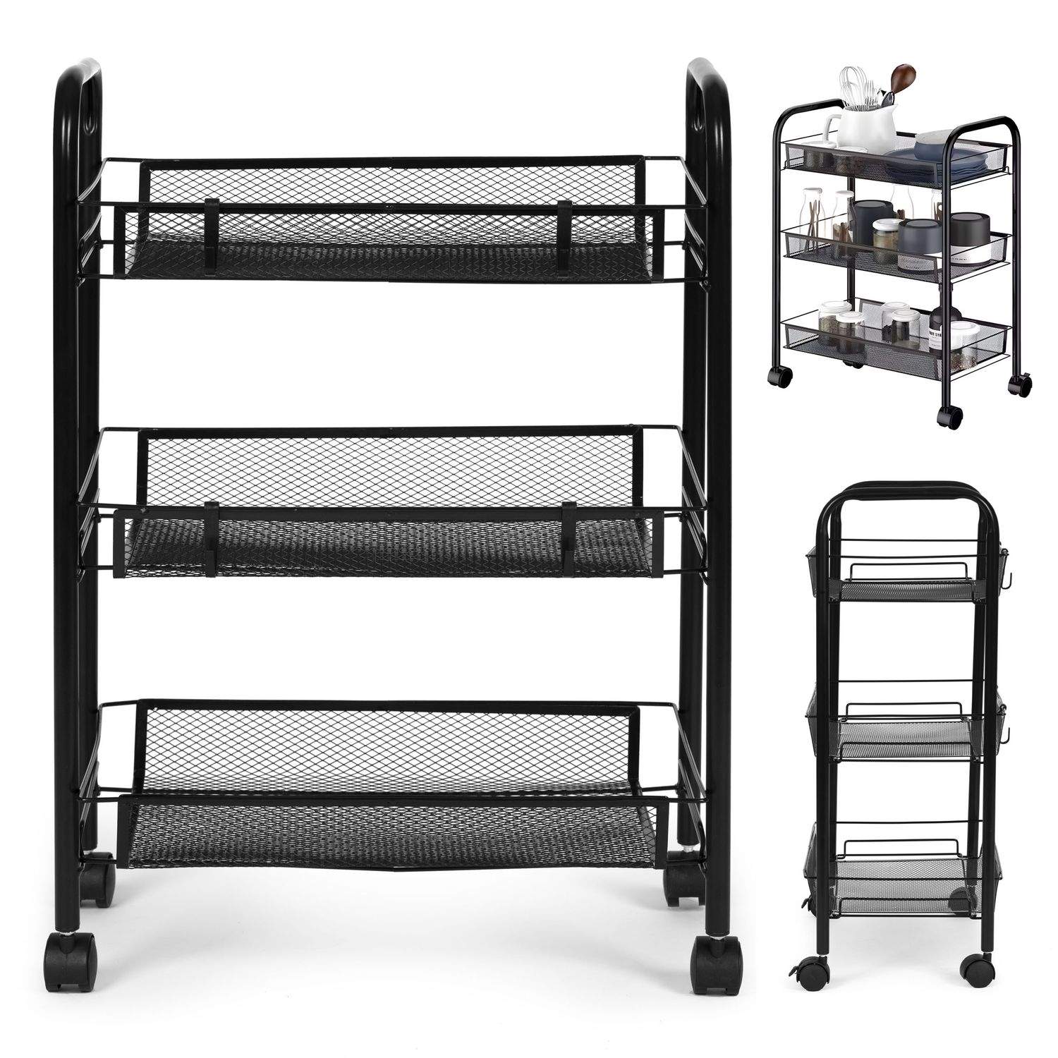 Sort mobil badeværelseshylde i metal med 3 hylder