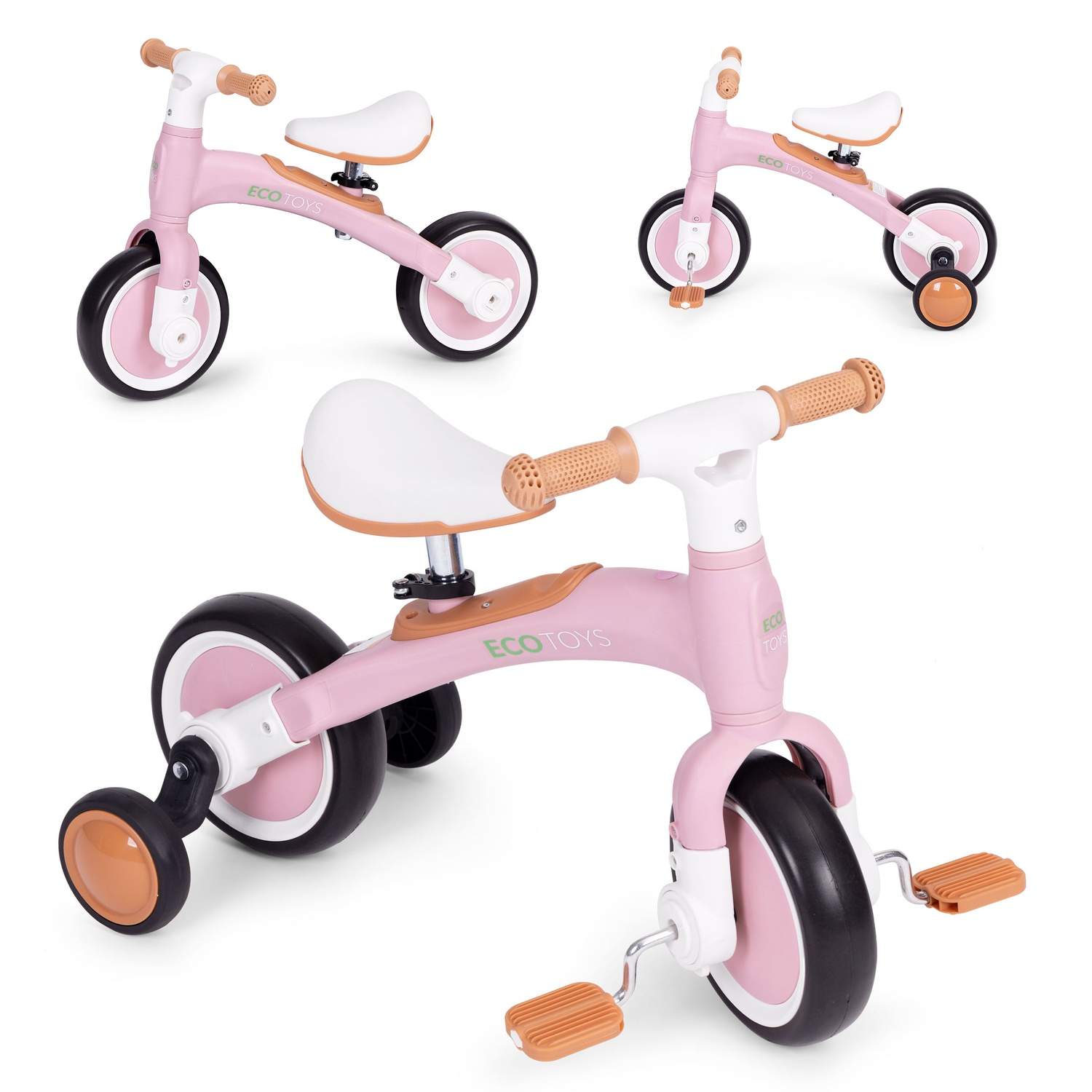 Balancecykel 3i1 Pink med pedaler og støttehjul