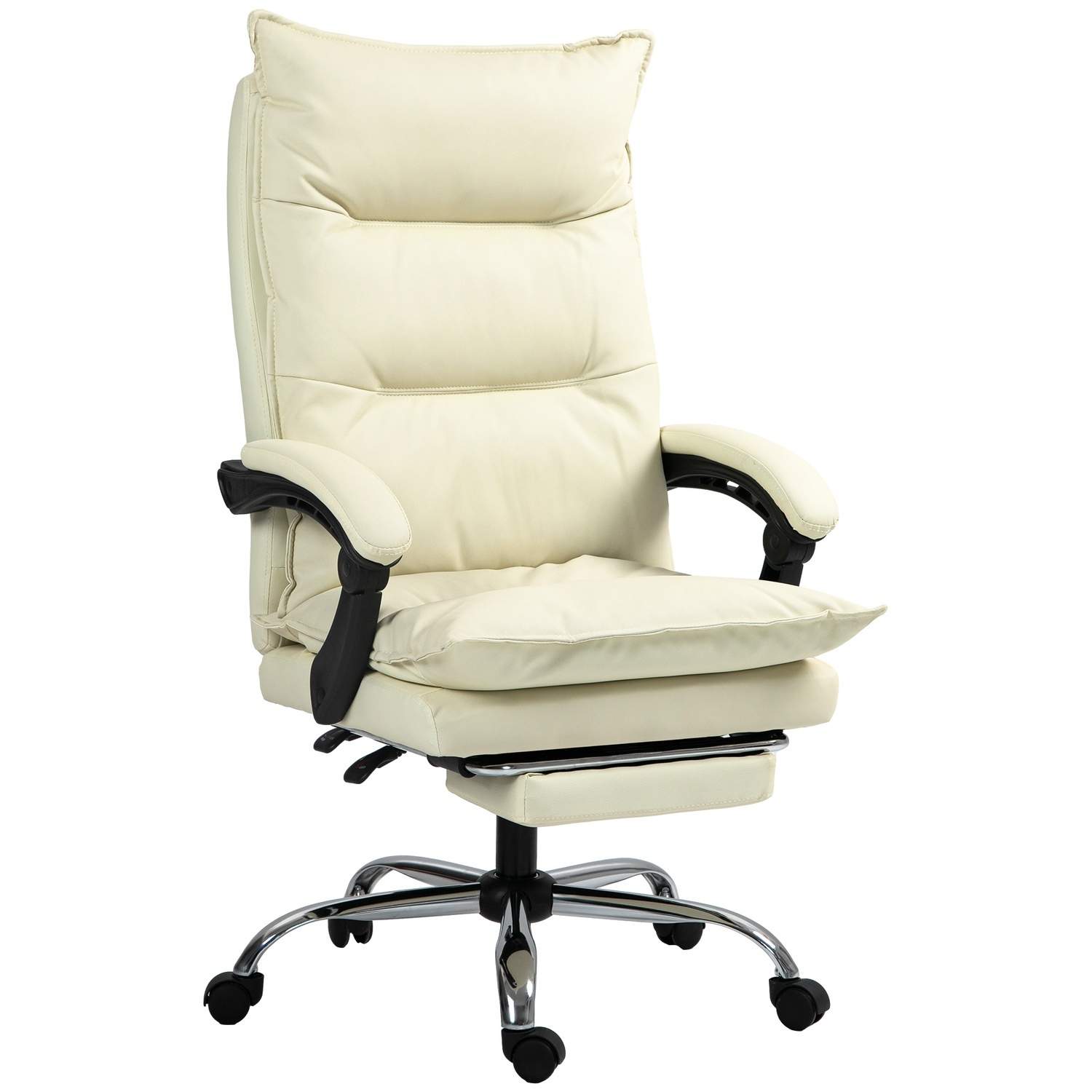 Kontorstol, 155° vipbar, højdejusterbar skrivebordsstol med lænefunktion, fodstøtte, ergonomisk drejestol, beige
