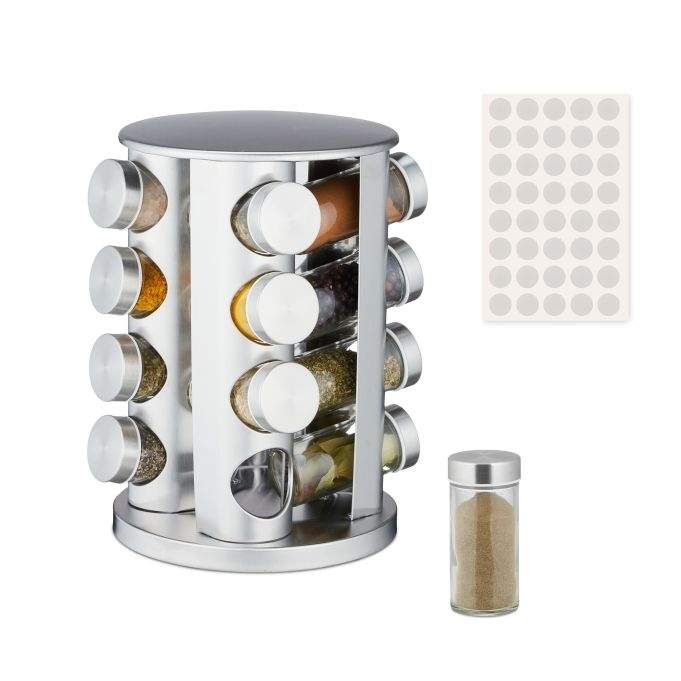 Krydderi karrusel i rustfrit stål med 16 glas