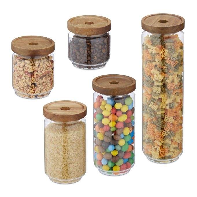 set med 5 förvaringsburkar i glas med lock | Hem & Hobby - Hem & Hushåll - Kök - Köksförvaring - Förvaringsburkar | Pryloteket