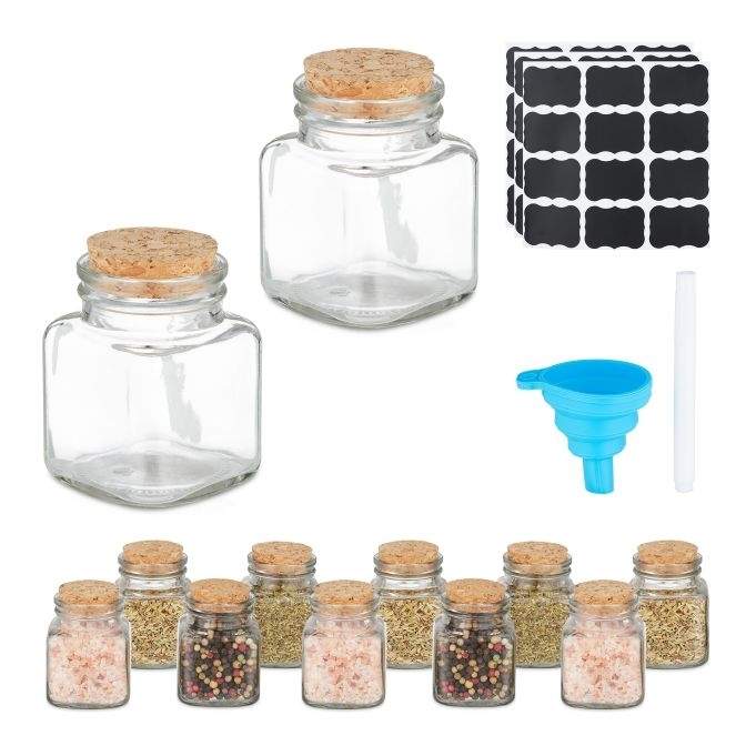 sæt med 12 krydderiglas med firkantede kork låg