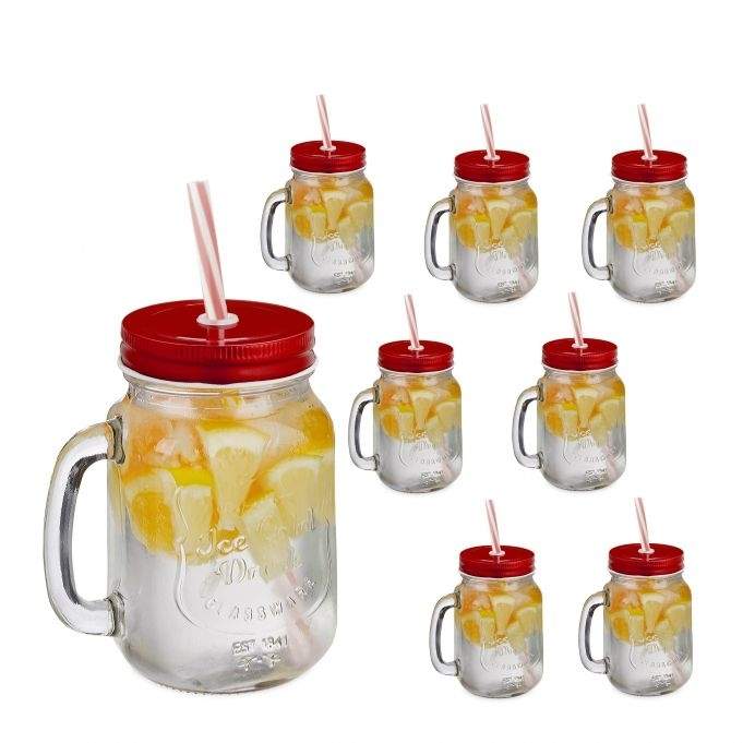 sæt med 8 drikkeglas med rødt låg