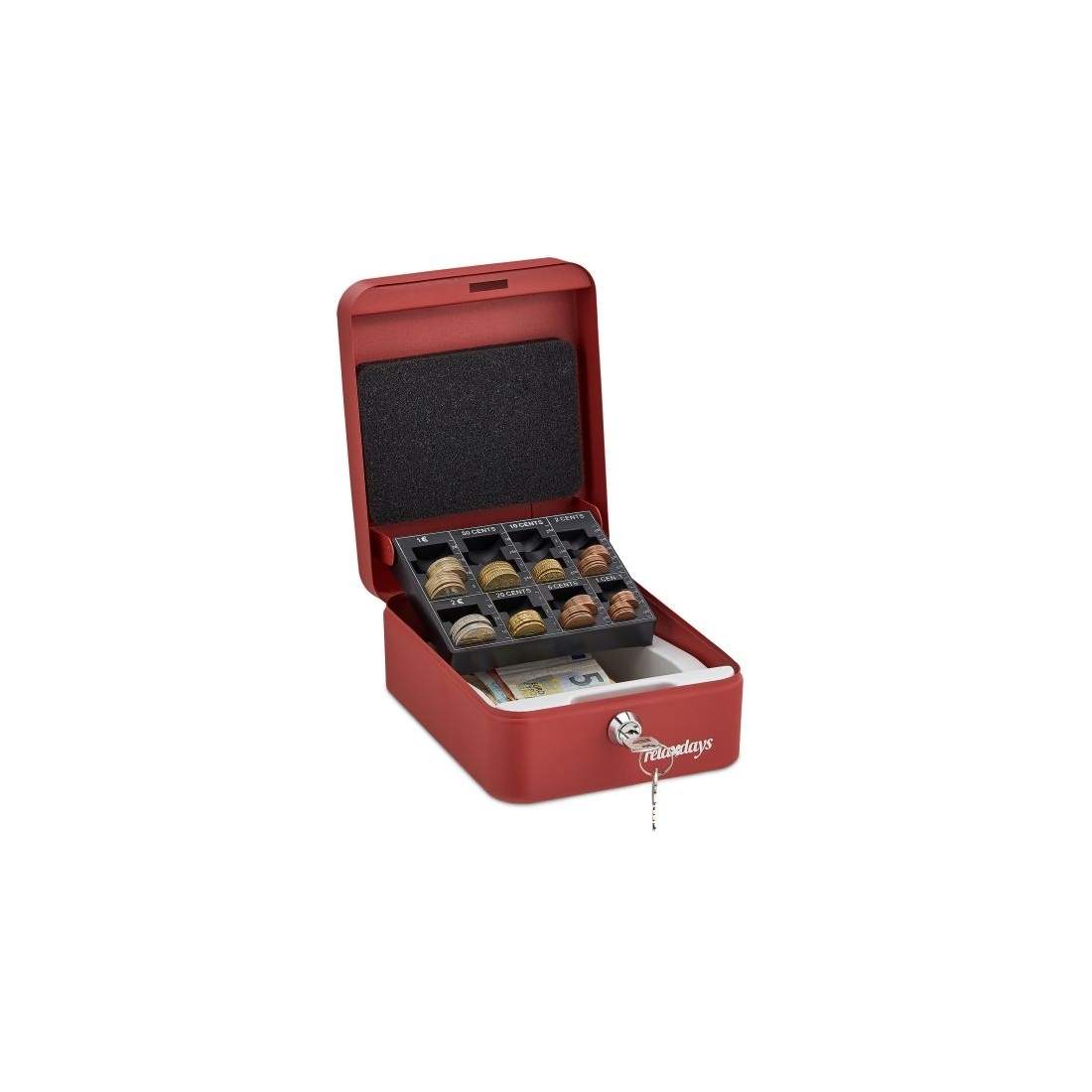 Röd kassalåda med mynträknare
