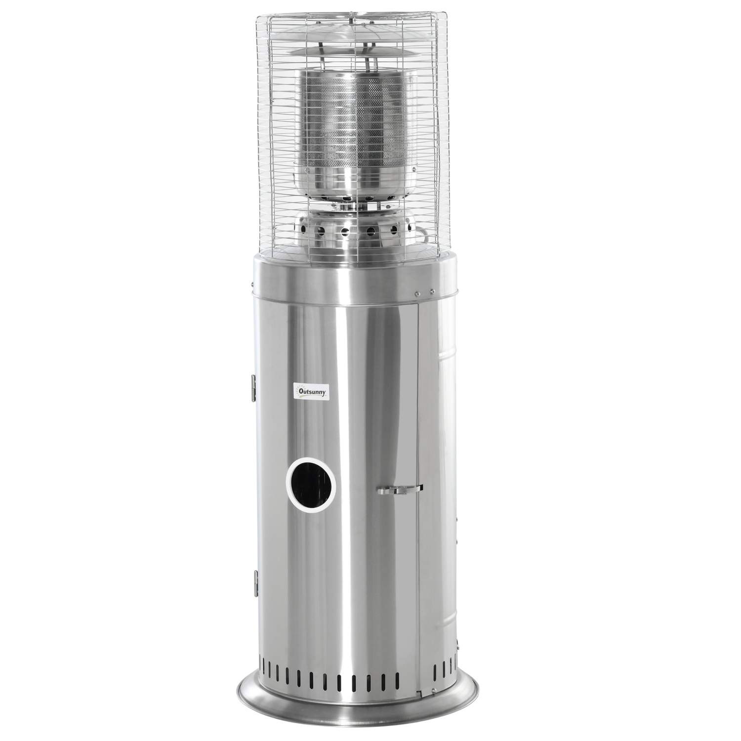 Terrassevarmer 10KW rullebar med håndtag og hjul, drejeknap, rustfrit stål sølv Ø55,6 x 143 cm til have og terrasse