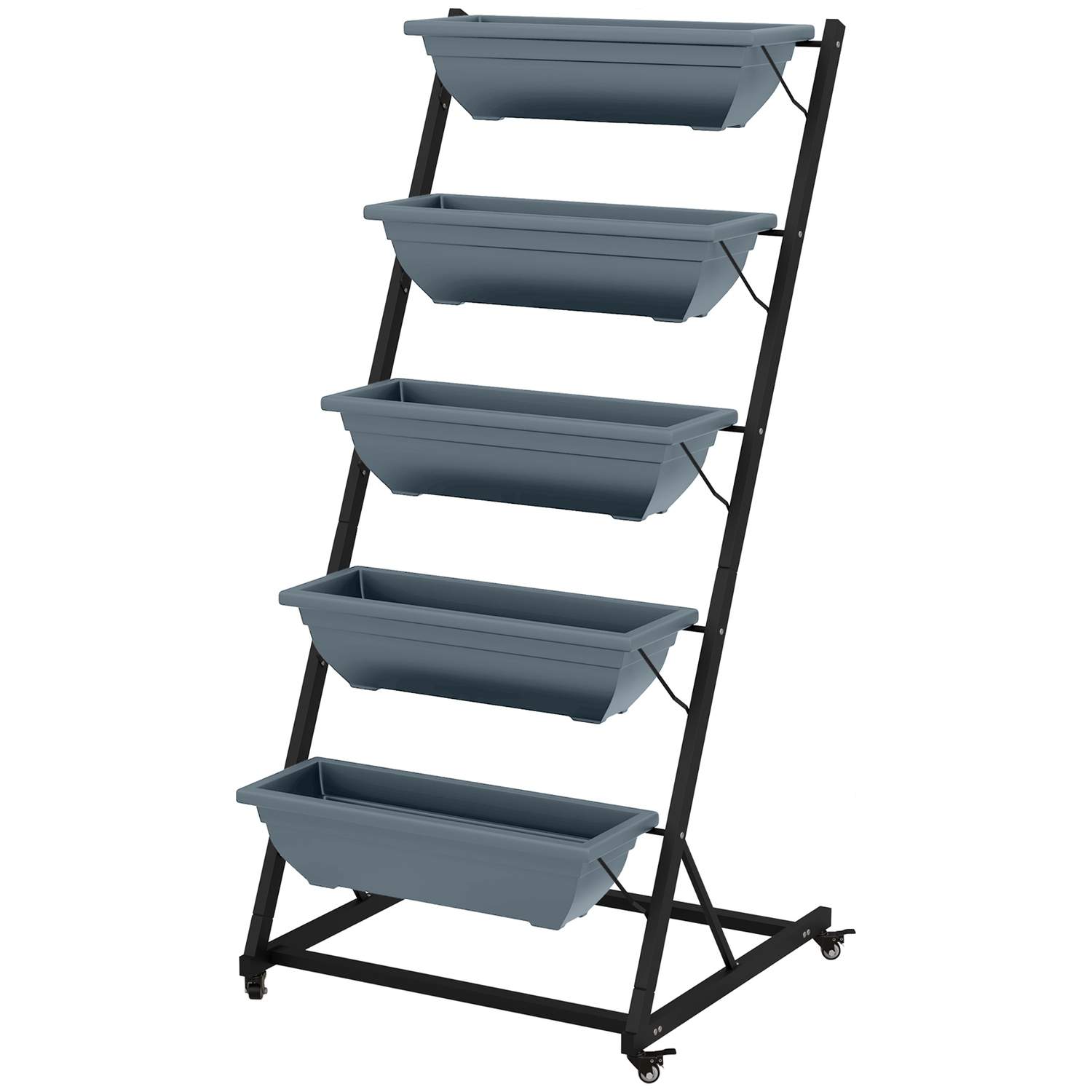 Plantestativ blomsterstativ med 5 etager og hjul, plantehylde med huller plantetrappe til have lavet af stål i grå