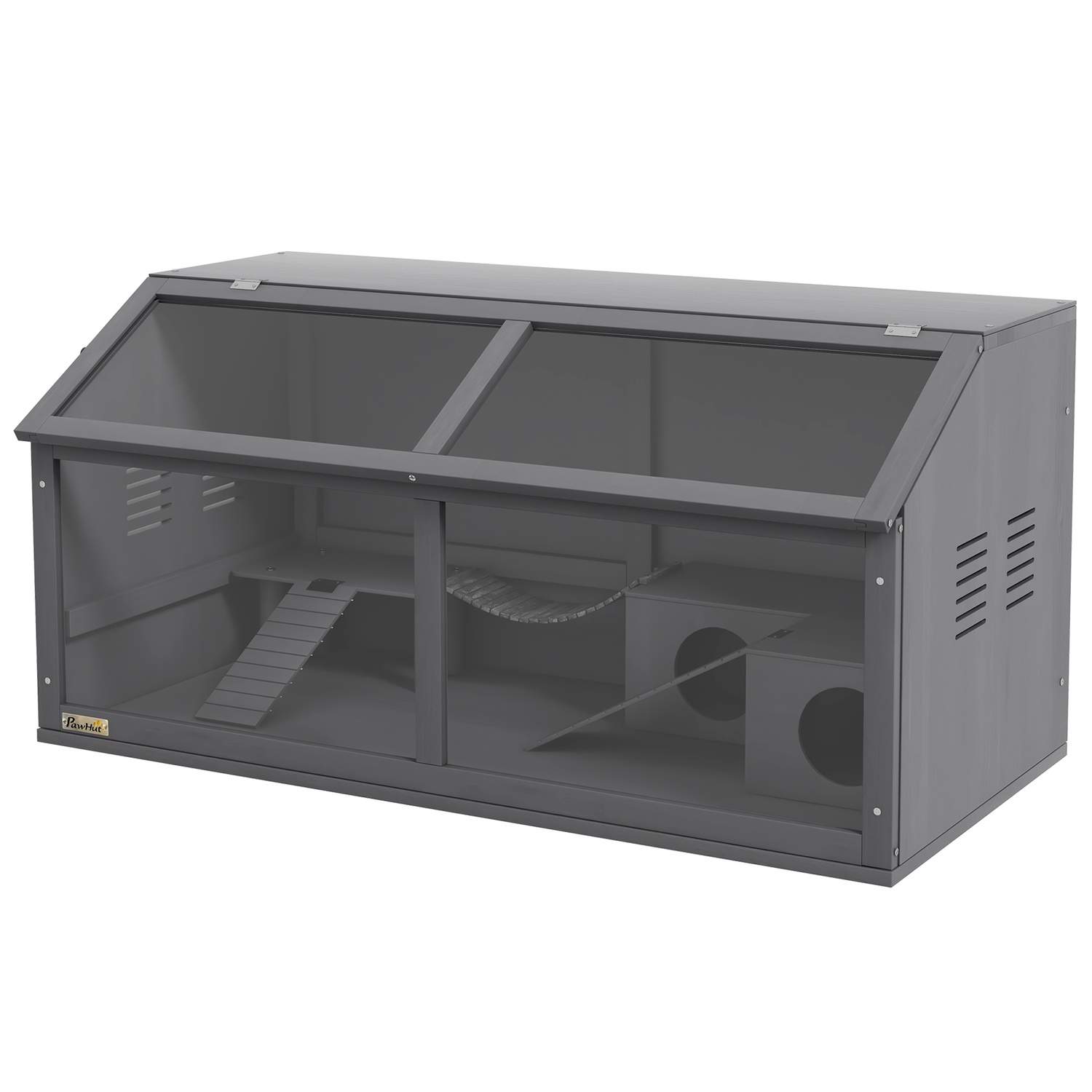 Hamsterin häkki puusta, 100cm jyrsijätalo, pieneläintalli, leikkimökki riippusillalla, tikkaat, avattava katto, kota, tummanharm