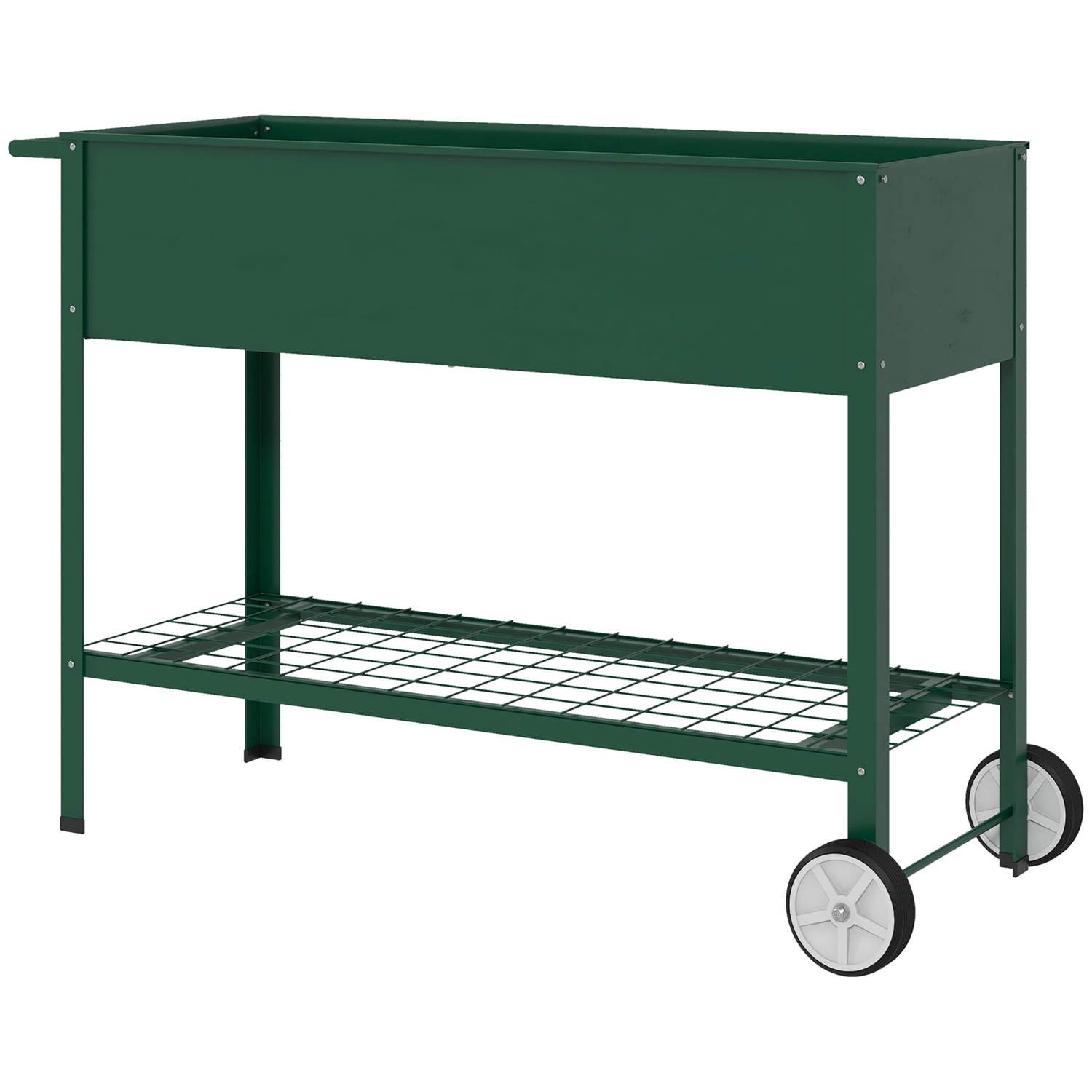 Højbed med hjul, hylde, urtebed, plantebed, metal til haven, altan, grøn, 109 x 44 x 80 cm