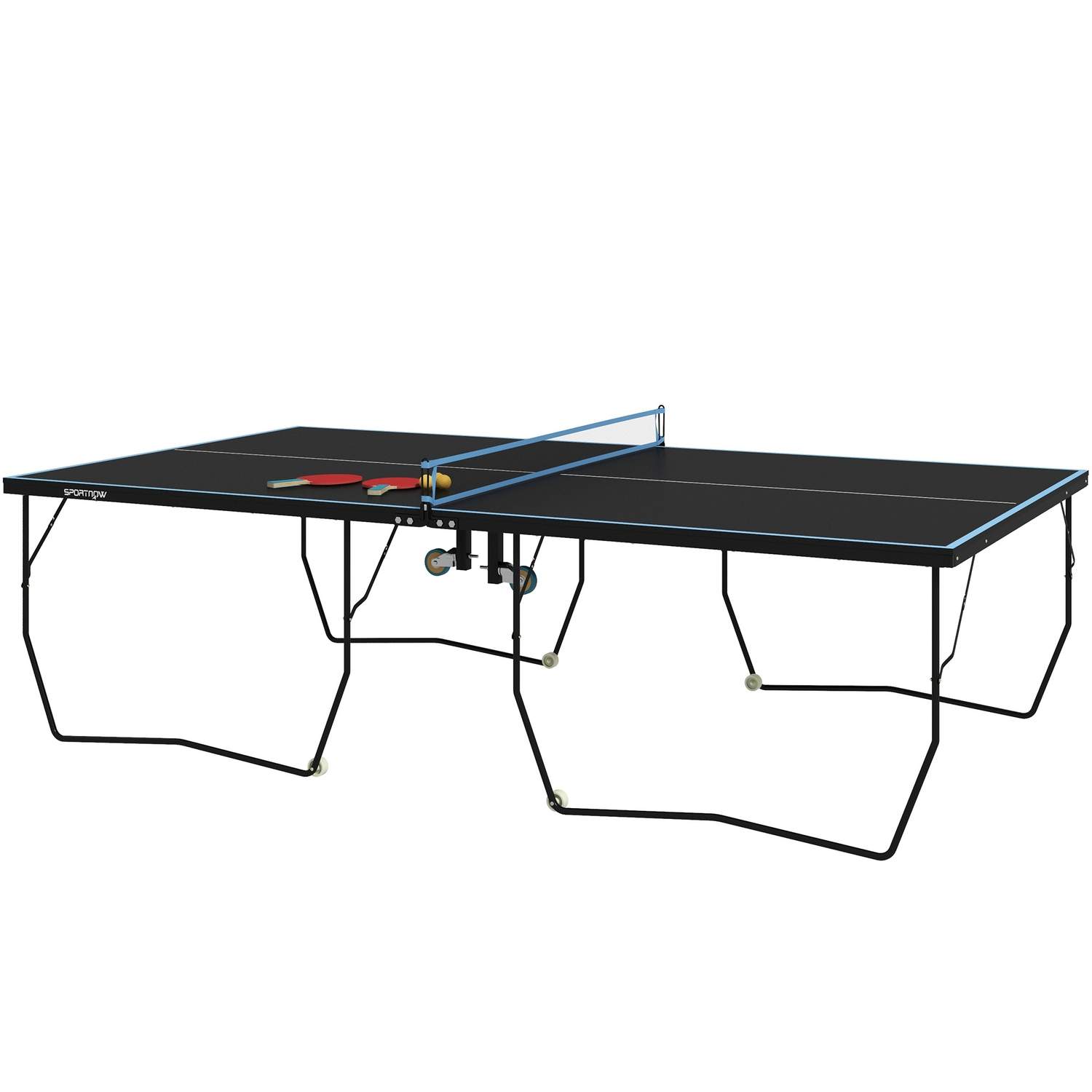 Udendørs bordtennisbord, foldbart bordtennisbord med net, hjul, 2 bordtennisbat og 3 bolde, stål, sort, 274 x 152,5 x 76 cm