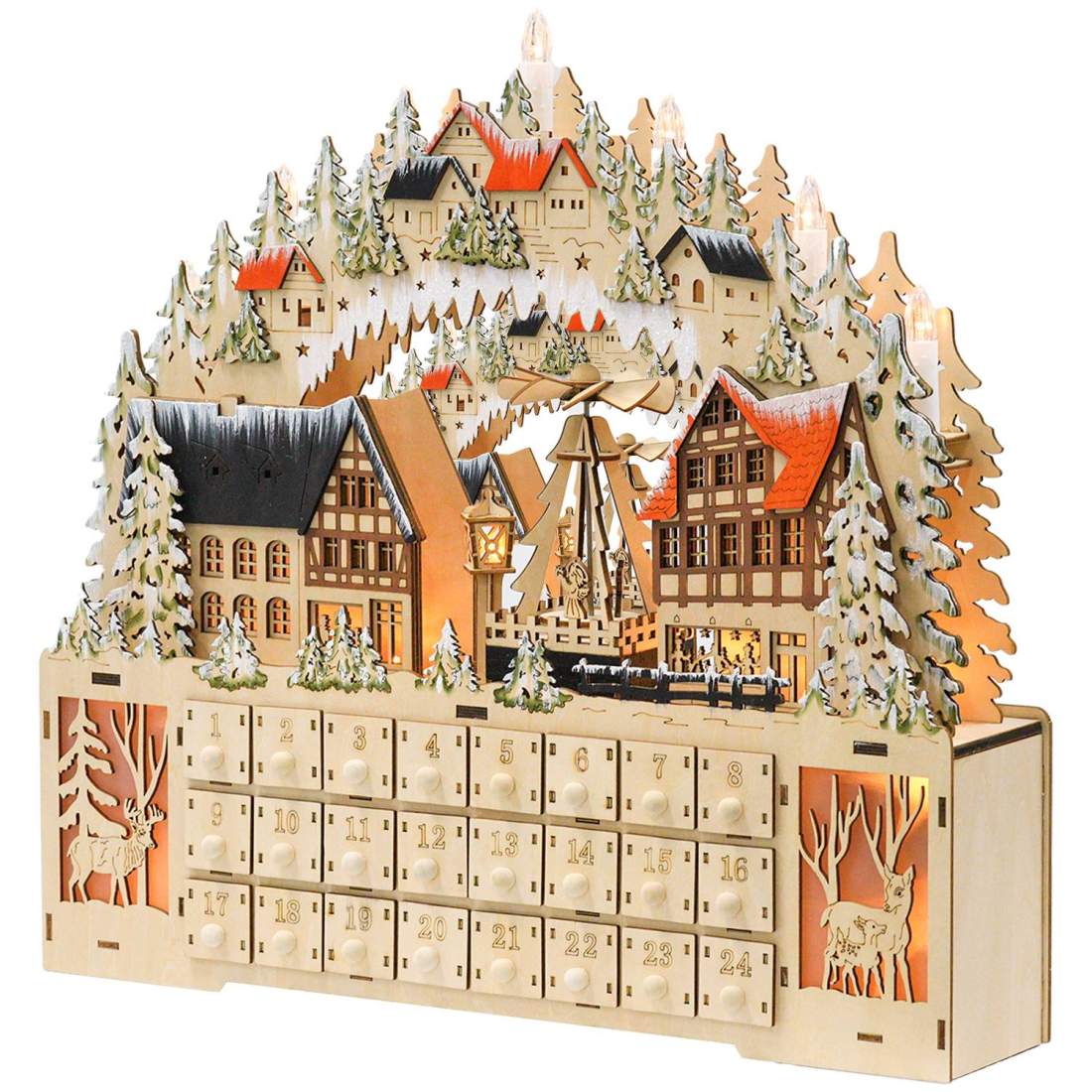 Adventskalender för att fylla 24 lådfack Julkalender med LED-ljus Adventskalenderlåda Juldekoration DIY MDF naturträ 45 x 9 x 42