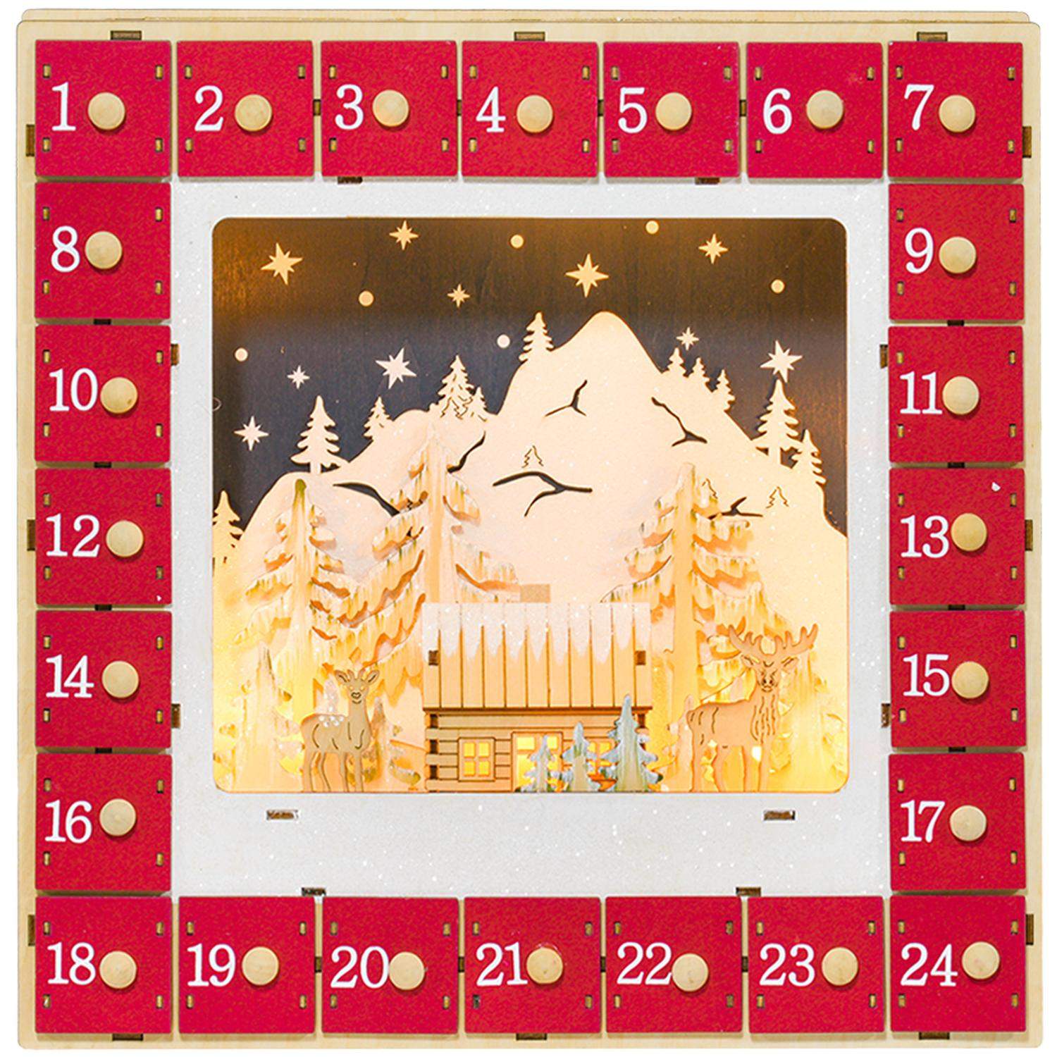 Adventskalender til påfyldning af 24 skufferum Julekalender med LED-lys Adventskalenderkasse Julepynt DIY MDF 34 x 7 x 34 cm Rød