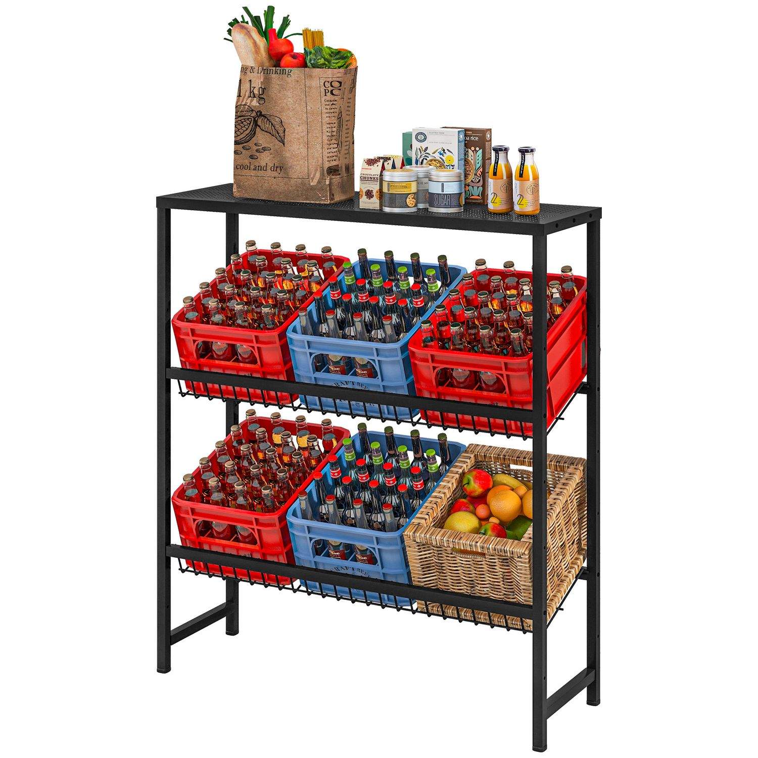 Fritstående drikkekassestativ til 6 kasser, justerbar hyldehøjde, 3 niveauer, skridsikker, 103 x 33 x 113,5 cm, sort stål
