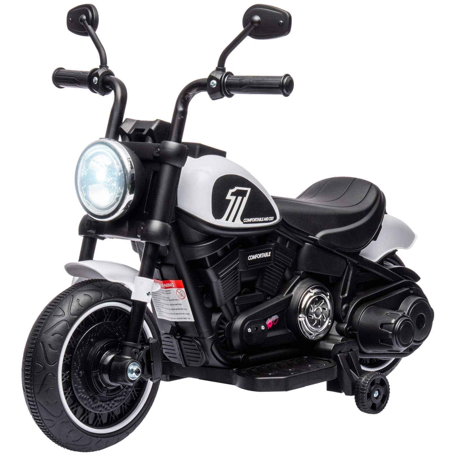 Børnemotorcykel børnemotorcykel elbil børnekøretøj med 2 aftagelige støttehjul, 3 km/t, til 1,5-3 år børn hvid 76 x 42 x 57 cm