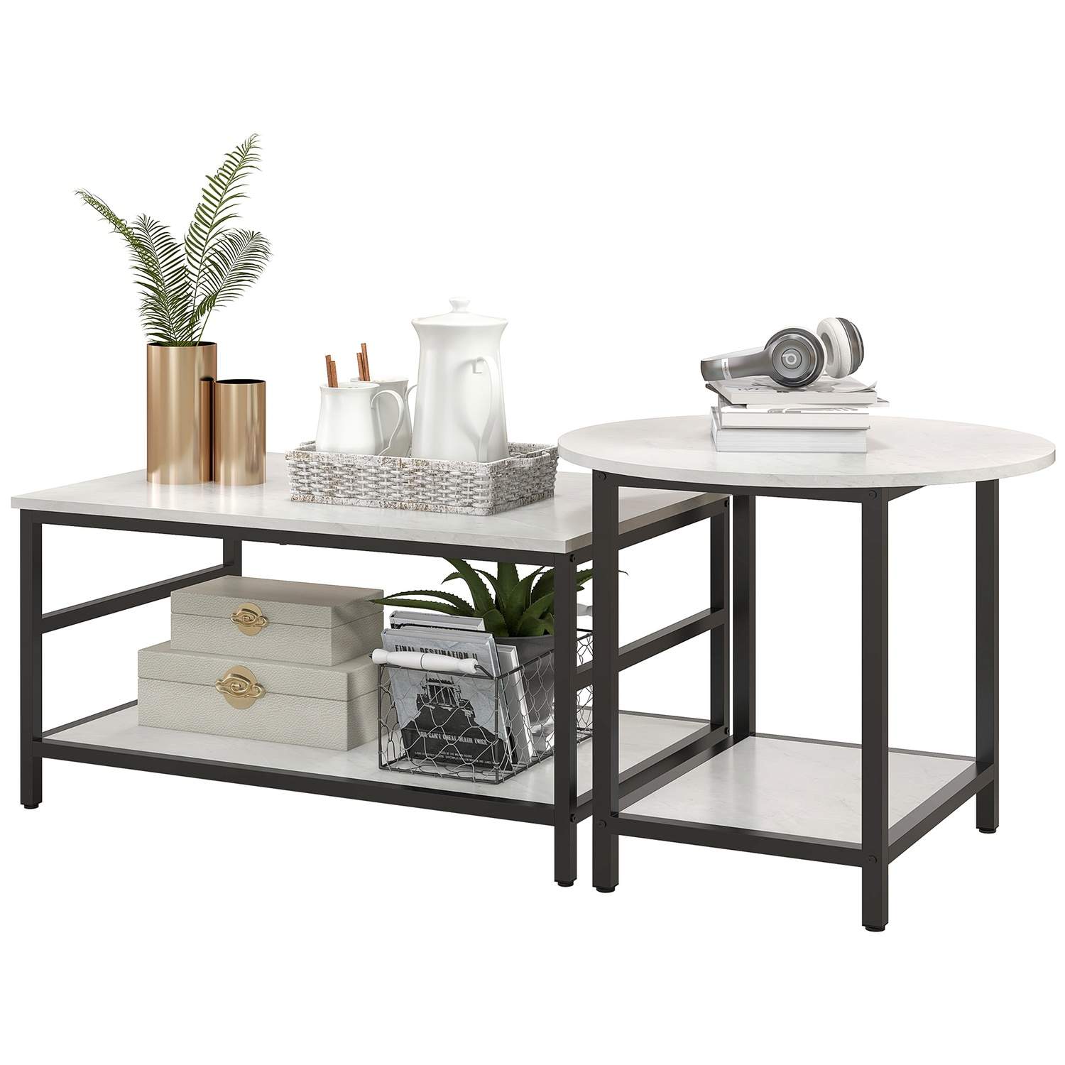 Sofabordsæt med 2 sideborde, sofabord, sofabord i moderne design med marmorlook til stuen, soveværelset, stål