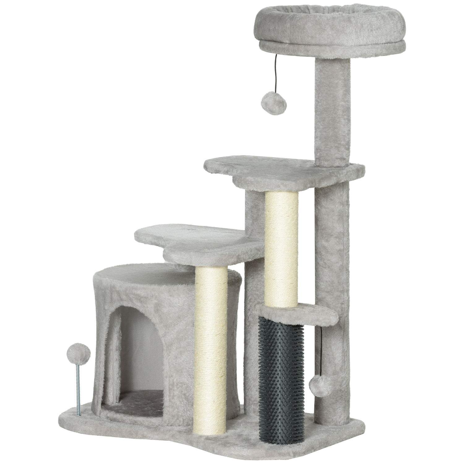 Kradbestol 87 cm kattetræ med kattehule, seng, legebolde, kattekradsestolpe med sisal kradsestolpe, til katte op til 5 kg, lyseg