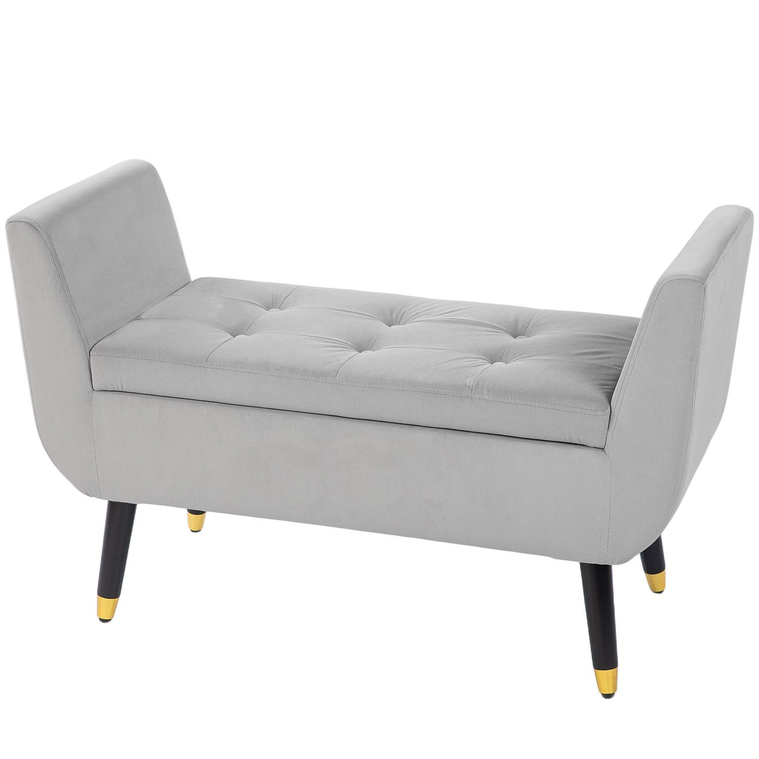 Luksus bænk polstret bænk med opbevaringsplads armlæn brystbænk fløjlsagtig polyester gummi træ lysegrå 107 x 42 x 65 cm