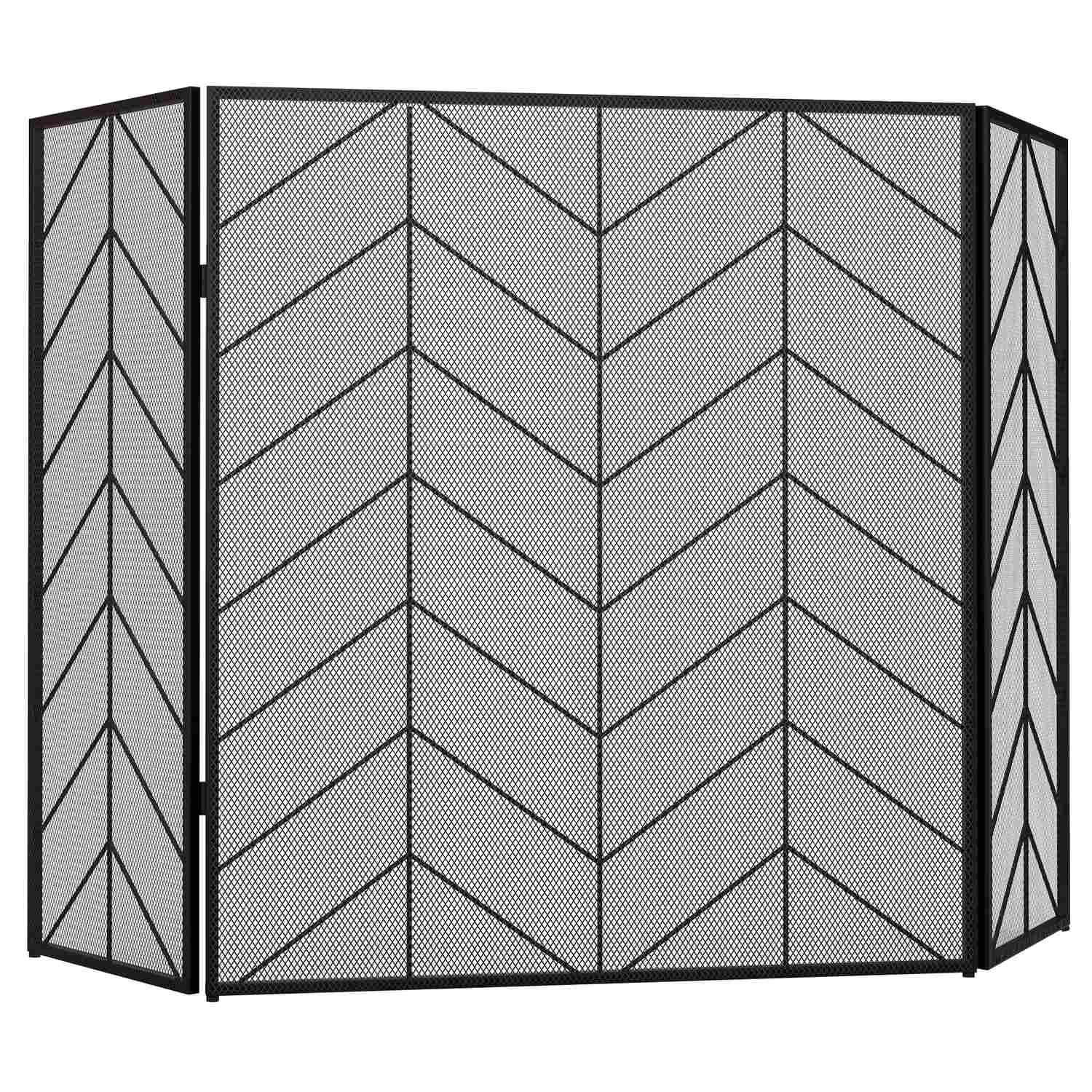 Pejseskærm, Foldelig pejslåge med 3 paneler, Ovnbeskytter, Gnistskærm til stue, Stål, 135 x 85 cm, Sort
