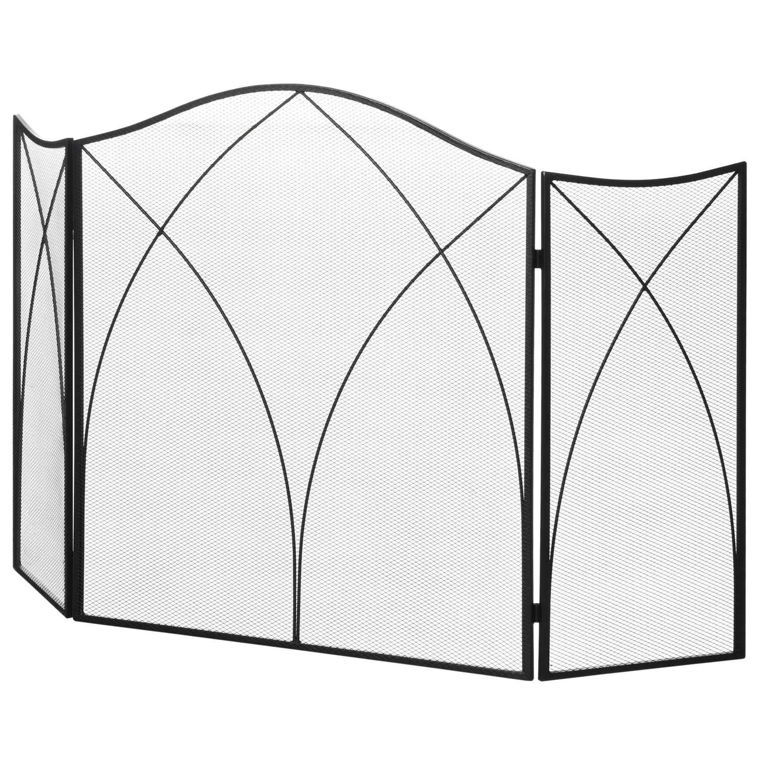 Pejseskærm, Foldelig pejslåge med 3 paneler, Ovnbeskytter, Gnistskærm til stue, Metal, 126 x 76 cm, Sort