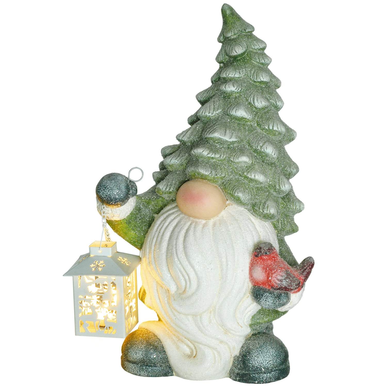 Julepyntfigur, julemand med juletræshat og lanterne, 42 cm julefigur med LED lys, dekorativ figur til jul, til indendørs og uden