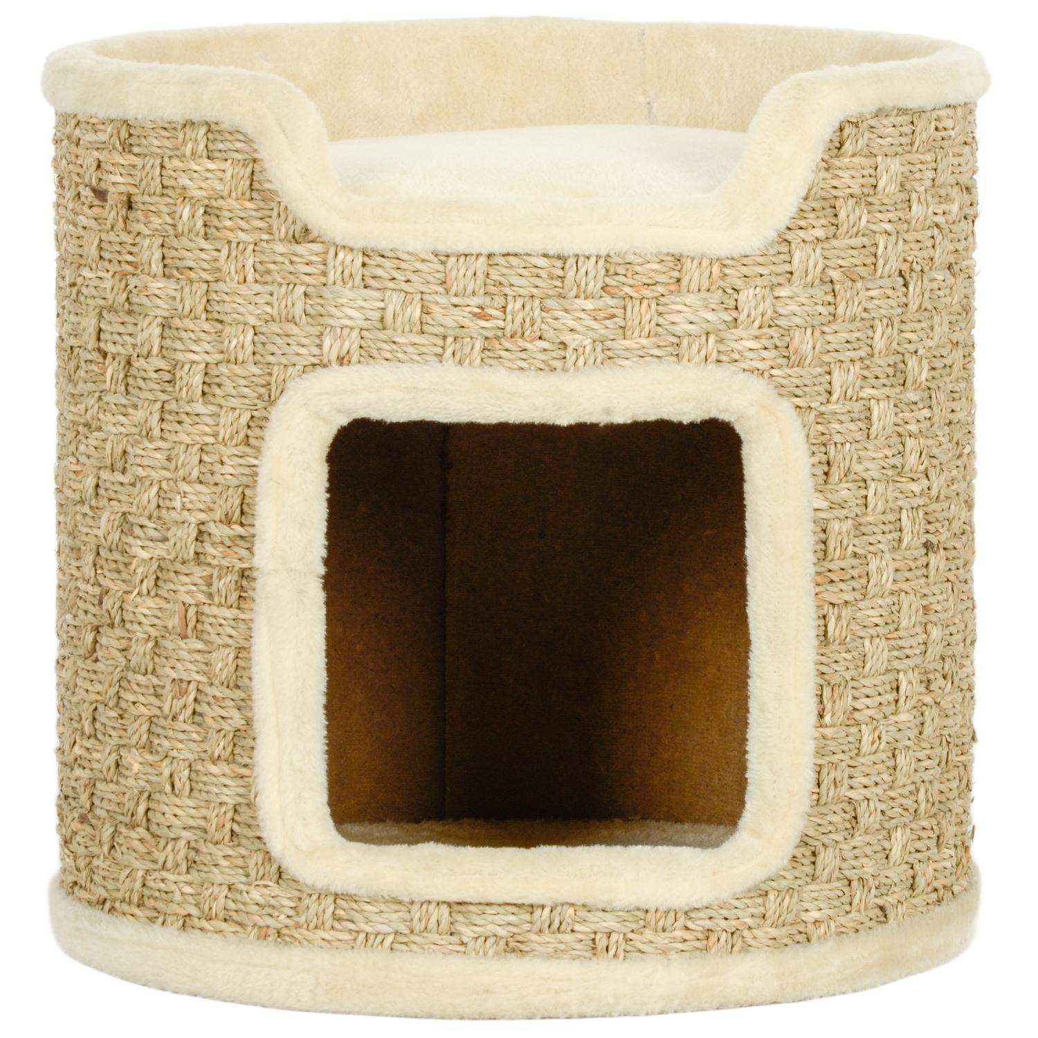 Kradsetønde, 37 cm høj kattetønde med dør, kradsestolpe med 2 niveauer, kattetårn af sisal, til katte op til 5 kg, khaki