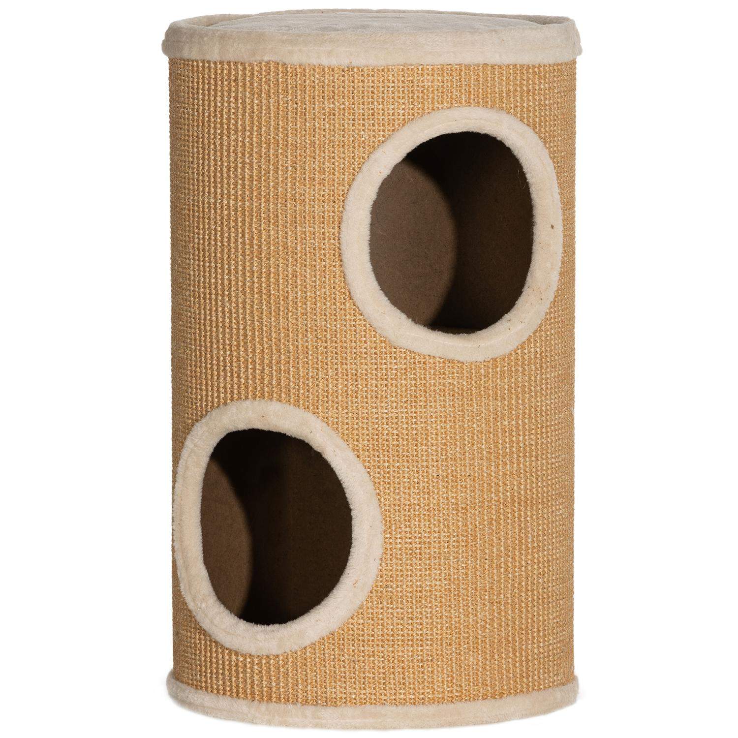 Kradsetønde, 60 cm høj kattetønde med 2 huler, kradsestolpe, kattetårn af sisal, til katte op til 5 kg, brun