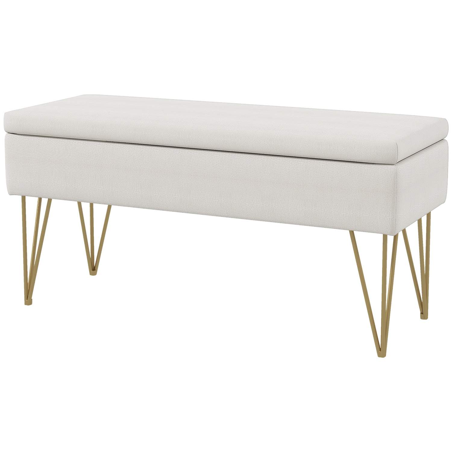 Bænkpolstret bænk med opbevaringsplads, hørlook, sengebænk med stålben, til soveværelse, stue, entre, 100 x 40 x 49 cm, creme